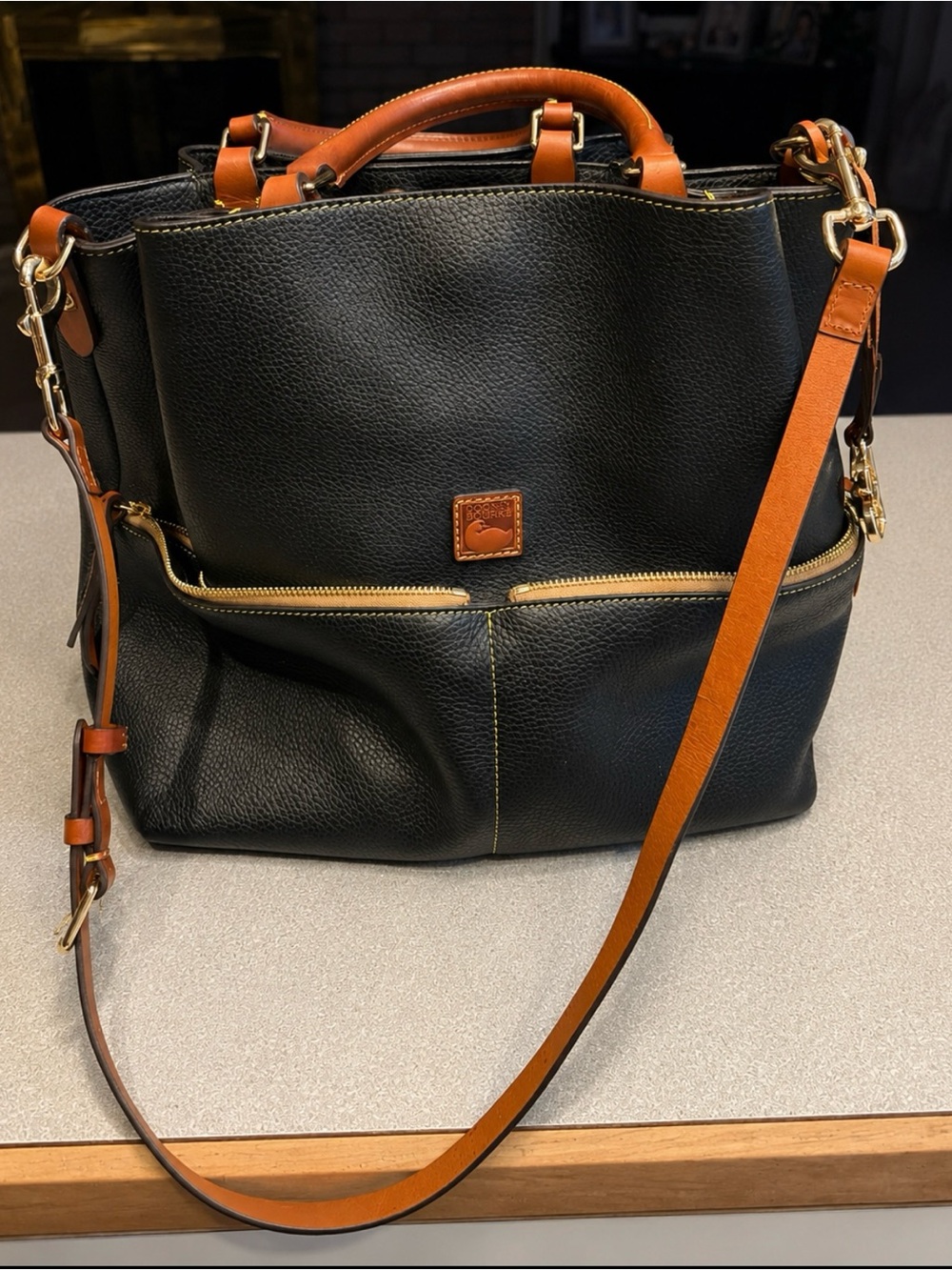 Dooney & Bourke Black Pebble Leather Tote with Brown Trim